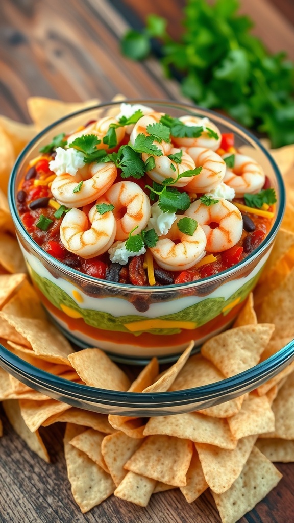 Colorful 7 layer dip in a clear dish with layers of refried beans, guacamole, sour cream, salsa, cheese, shrimp, and cilantro, with tortilla chips on the side.